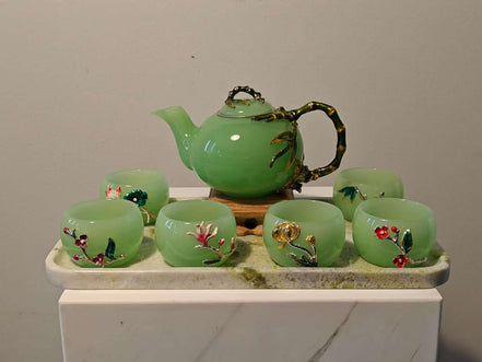 Natural Marble handicraft article - Green Jade Bamboo Glazed Tea Set