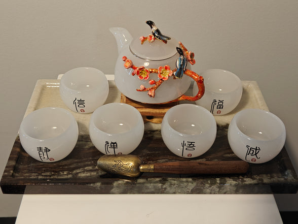 Natural Marble handicraft article - White Plum Blossom Glazed Tea Set