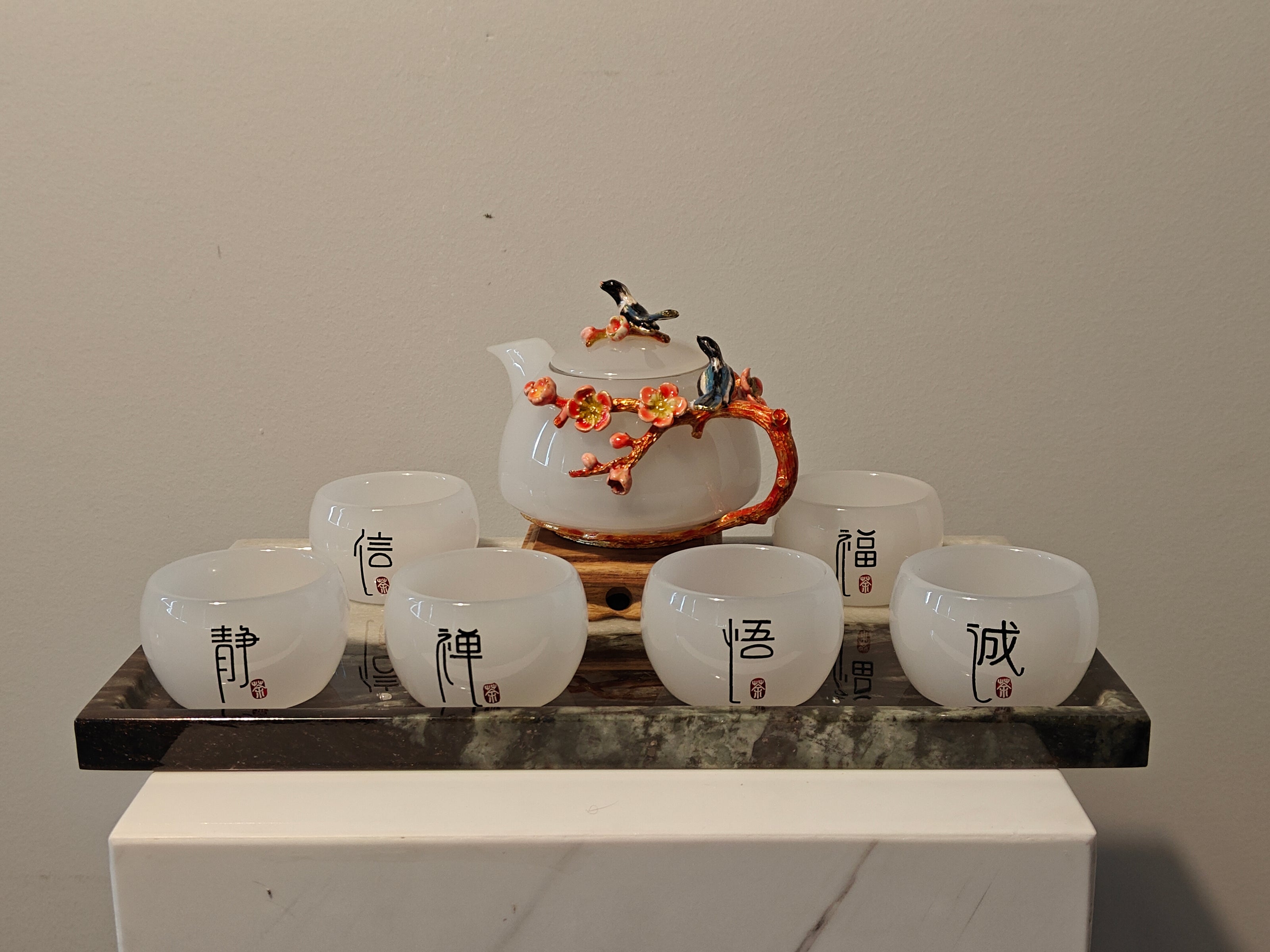 Natural Marble handicraft article - White Plum Blossom Glazed Tea Set