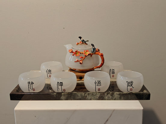 Natural Marble handicraft article - White Plum Blossom Glazed Tea Set