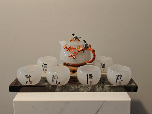 Natural Marble handicraft article - White Plum Blossom Glazed Tea Set