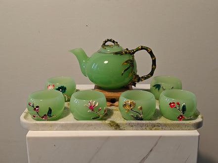 Natural Marble handicraft article - Green Jade Bamboo Glazed Tea Set