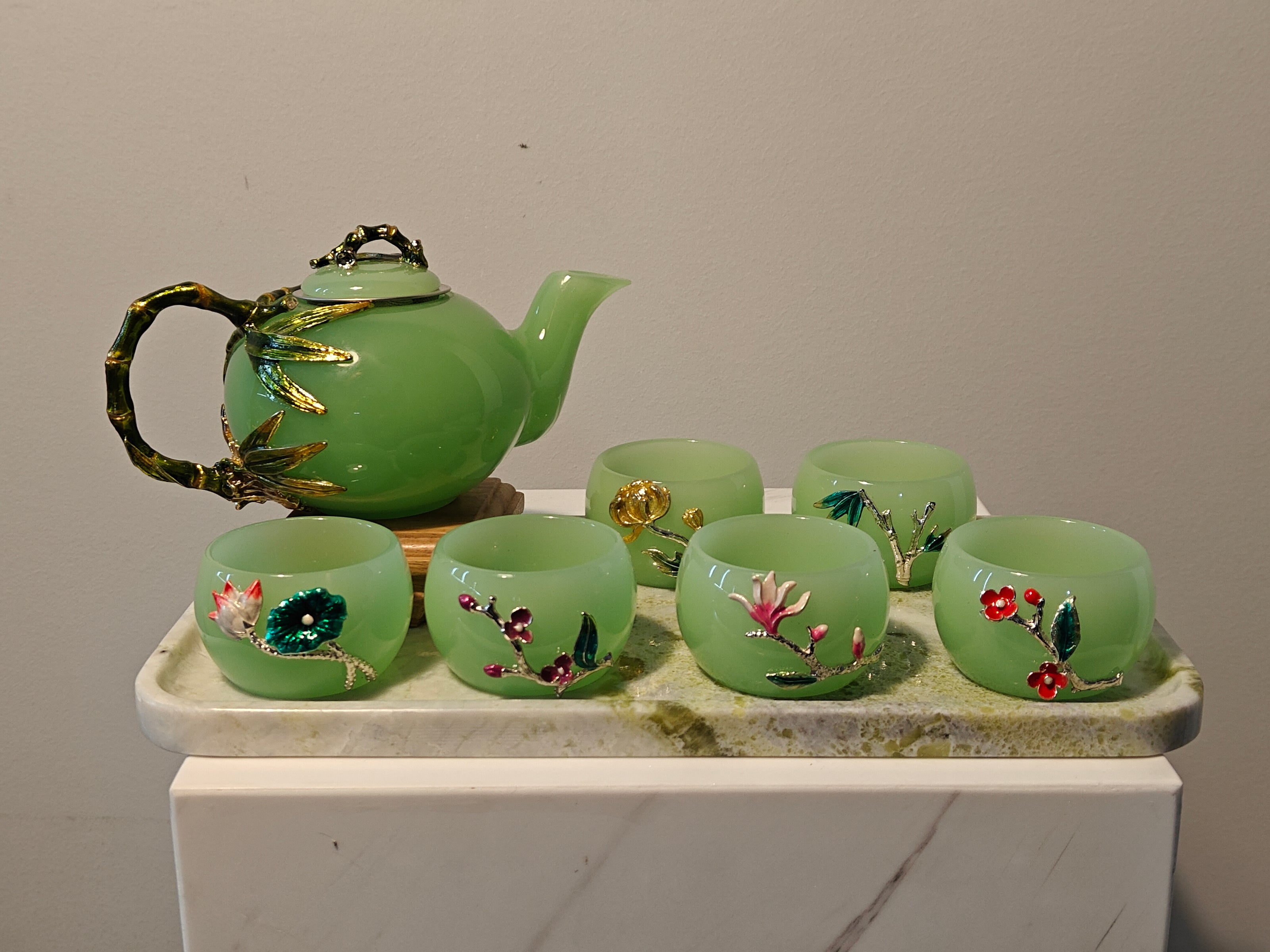 Natural Marble handicraft article - Green Jade Bamboo Glazed Tea Set