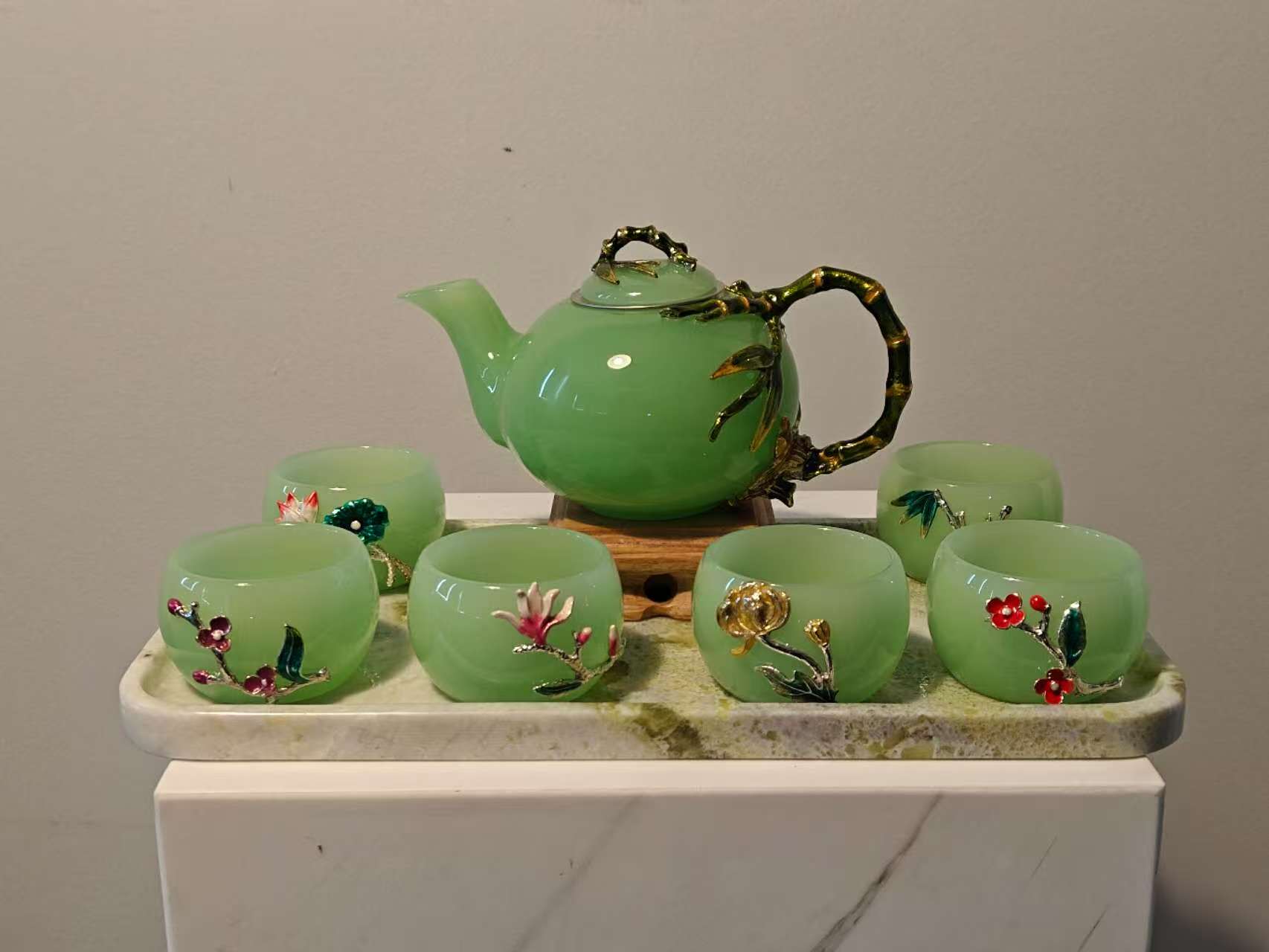 Natural Marble handicraft article - Green Jade Bamboo Glazed Tea Set