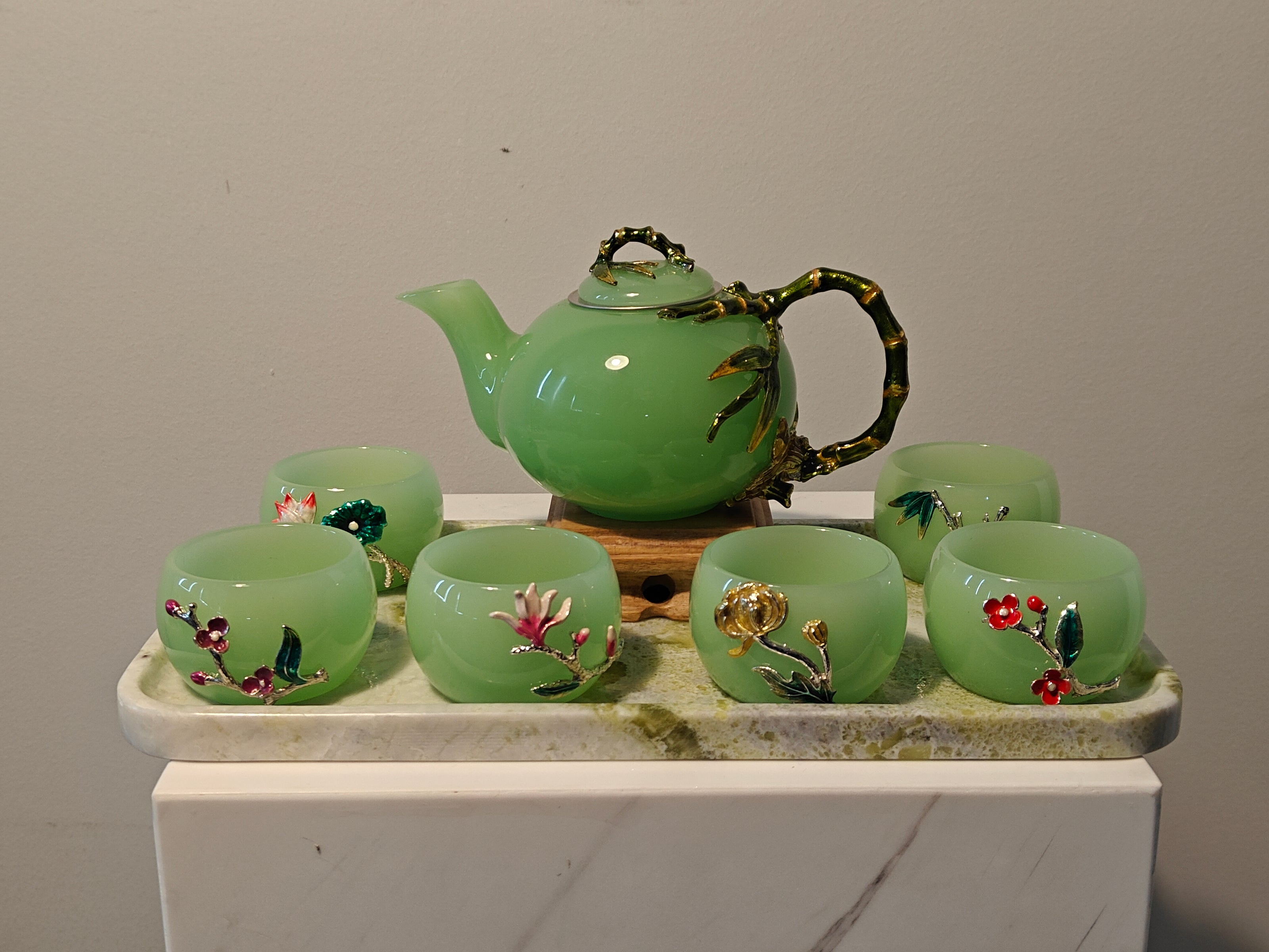 Natural Marble handicraft article - Green Jade Bamboo Glazed Tea Set